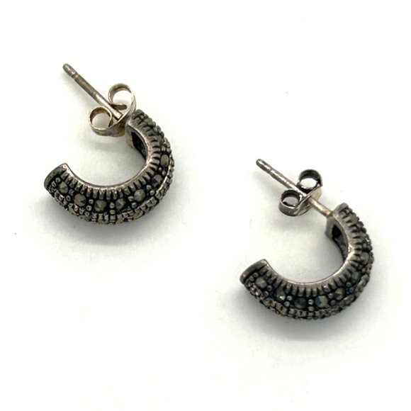 Sterling Silver Marcasite Half Hoop Post Earrings Vintage Style Elegant Design - Picture 1 of 11